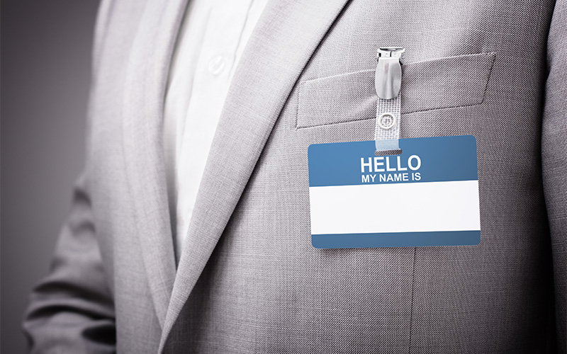 A personalized name tag for guest experience enhancement.