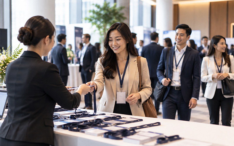 Attendee receiving a badge and lanyard at a corporate event registration counter.