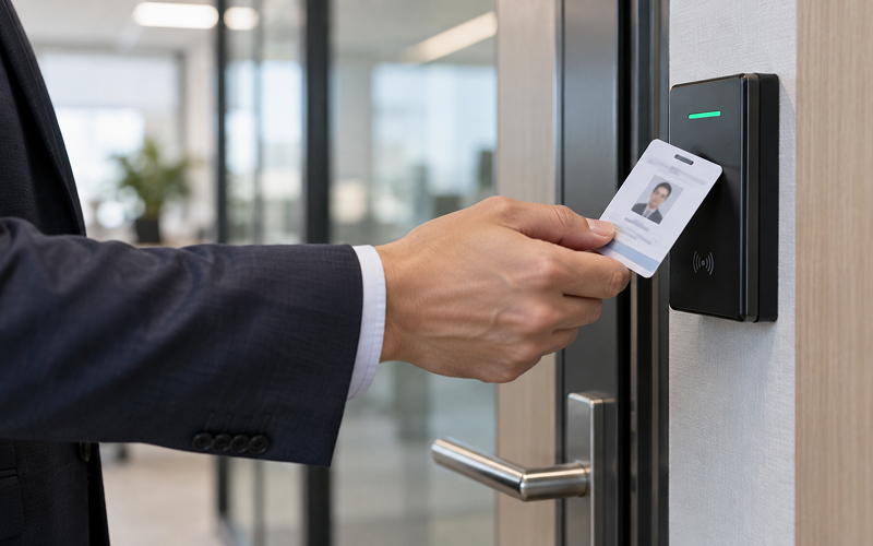 Close up of employee using ID card for access