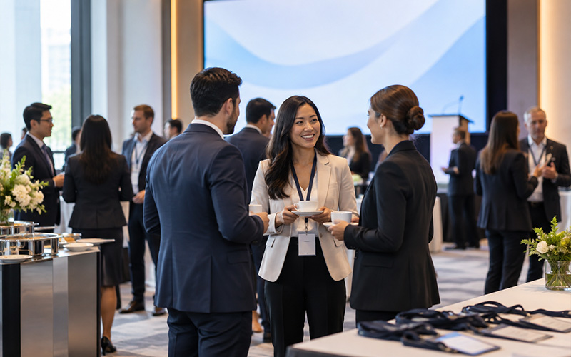 Corporate event attendees wearing badges and lanyards while networking at a professional conference.