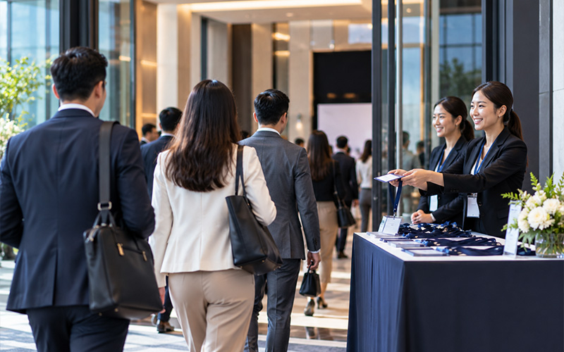 Corporate event guests arriving at the venue and approaching a registration counter with badges and lanyards.