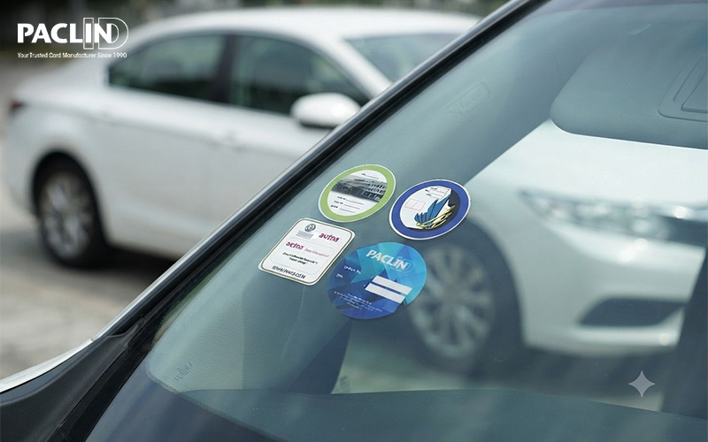 Car windshield with multiple permit stickers.