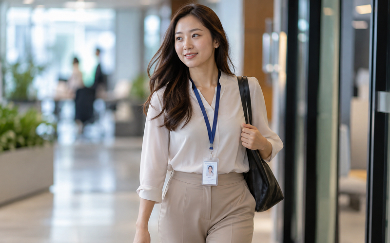 Female employee with employee ID and lanyard